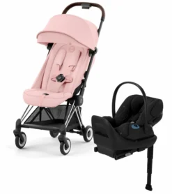 Cybex COYA Compact Stroller + Cloud G Lux SensorSafe Travel System Bundle - Chrome / Peach Pink / Moon Black