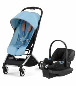 Cybex Orfeo Compact Stroller + Aton G SensorSafe Travel System Bundle - Beach Blue / Moon Black
